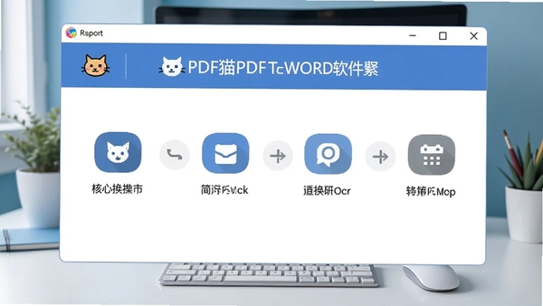 PDFèPDFתWORD���������ͼ��չʾ����ת���������̣�����Ϊ�ִ��칫���棬ɫ��������ɫϵ��ͼƬ����ƽ����ƣ�ͻ���������ƺͺ��Ĺ���ͼ�ꡣ