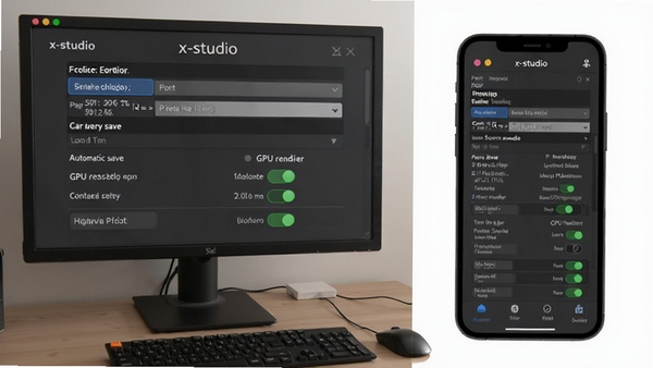 x-studio 设置界面,显示字体选择、自动保存、GPU渲染开关等选项,电脑端与手机端对比示意