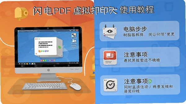 闪电PDF虚拟打印机使用教程图示,展示电脑端操作步骤和注意事项,配以简洁图标