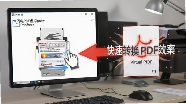 闪电PDF虚拟打印机一键转换PDF操作演示,显示打印界面选择虚拟打印机选项,强调快速转换效果