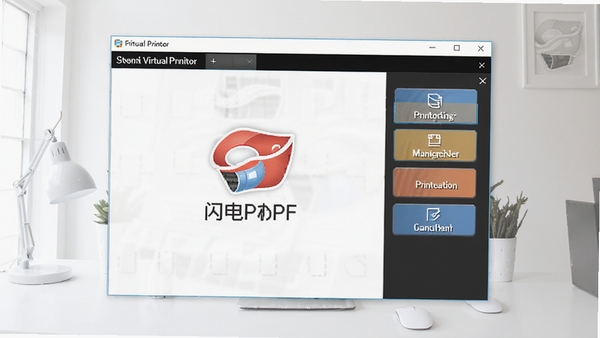 闪电PDF虚拟打印机软件界面展示,显示主窗口和打印转换功能按钮,背景简洁明亮