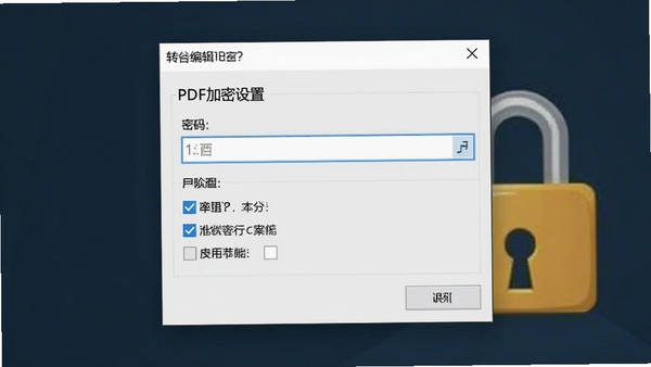 转转大师PDF编辑器加密设置对话框,包含密码输入框、权限勾选项,背景有锁形图标,色彩简洁专业