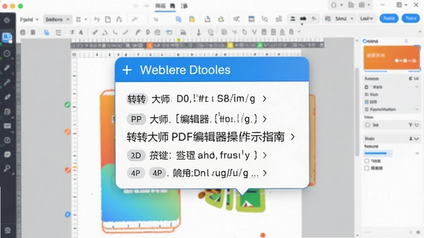 转转大师PDF编辑器操作指南示意图,展示快捷键提示浮窗,背景为软件编辑界面,色彩明亮,信息清晰