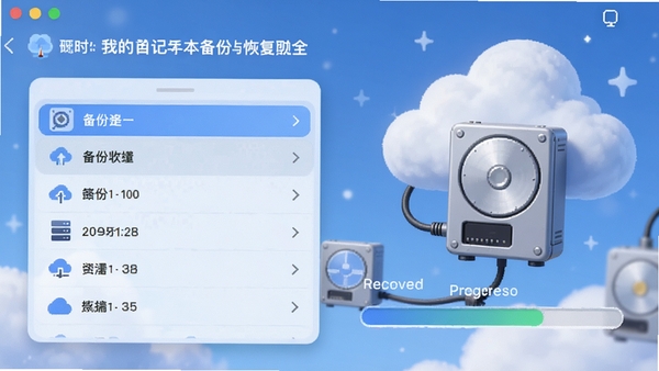我的日记本备份与恢复功能截图,展示备份文件列表与恢复进度条,背景有云朵和硬盘图标,体现数据安全