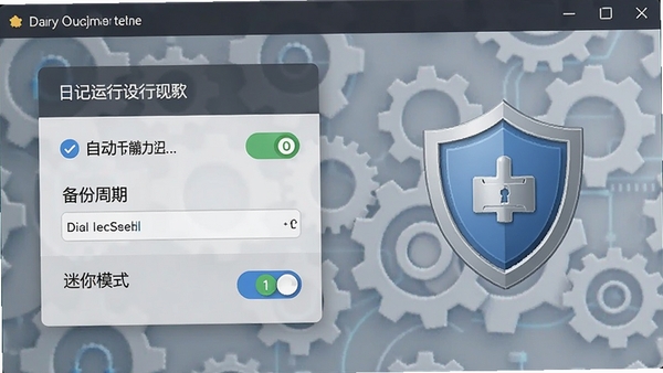 我的日记本运行设置界面,显示自动保存选项、备份周期设置,以及迷你模式开关,背景有齿轮和盾牌图标,体现优化与安全