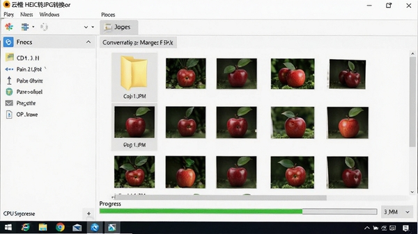 云橙苹果HEIC转JPG转换器运行在Windows桌面,任务管理器显示CPU占用低,转换进度条已完成,输出文件夹展示多张JPG图片缩略图