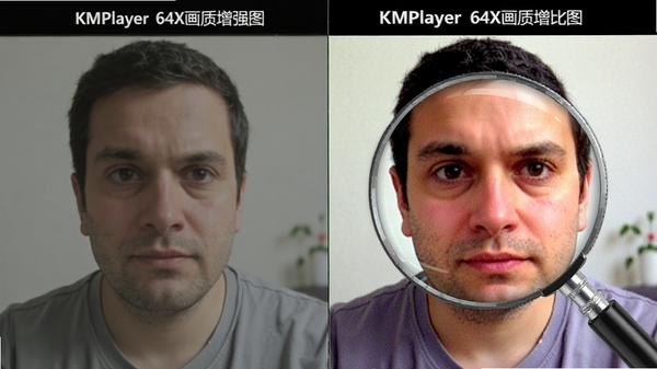 KMPlayer 64X������ǿ�Ա�ͼ�����Ϊԭʼ���棬�Ҳ�Ϊ��ǿ���棬ɫ�ʸ����ޣ�ϸ�ڸ��������������зŴ�Ч��չʾϸ�ڲ���