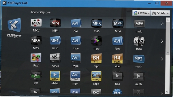 KMPlayer 64X�������ļ��������ý��棬ͼ������˶�����Ƶ��ʽ���б�����ʾMKV��MP4��AVI�ȸ�ʽͼ�꣬�������Ѻ�