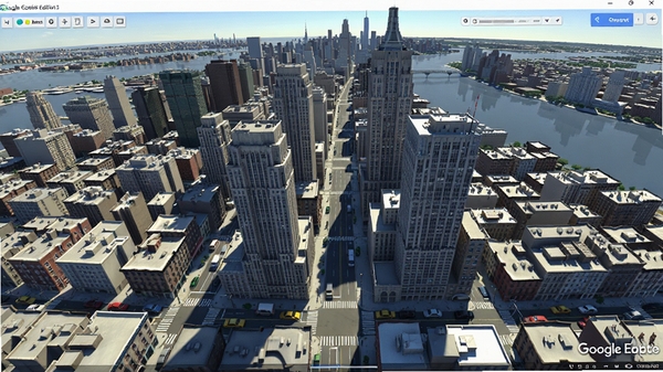 Google����רҵ��3D����������棬��ʾŦԼ�����ٵĸ�¥��������ģ�ͣ����������²���������Ӱ���ֵ������ɼ����ӽǴӸ߿����������ֵ�ˮƽ����������������