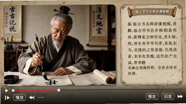 �ٹ�ѧ����ʦ������Ƶҳ�棬���Ϊ�鷨����дʾ�����Ҳ�Ϊ���ֽ���������Ƶ�������·������š��طŰ�ť����������ӡ�
