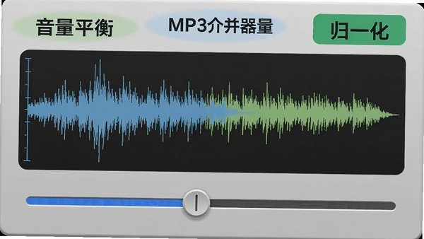 MP3合并器音量调节面板,显示波形图与增益滑块,背景为浅灰色,突出“音量平衡”与“归一化”功能标签