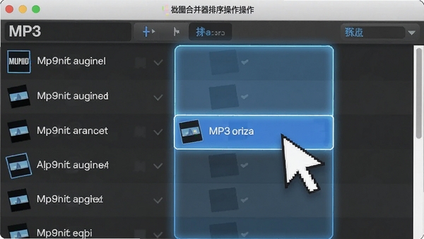 MP3合并器批量拖拽排序操作示意图,列表显示多个音频文件,鼠标正在拖拽移动文件位置,界面高亮显示排序区域