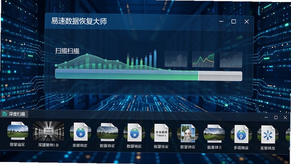 易速数据恢复大师正在执行深度扫描,进度条显示扫描扇区数,界面下方实时滚动发现的多媒体文件缩略图,背景为科技感数据流,体现全面彻底扫描的视觉感受