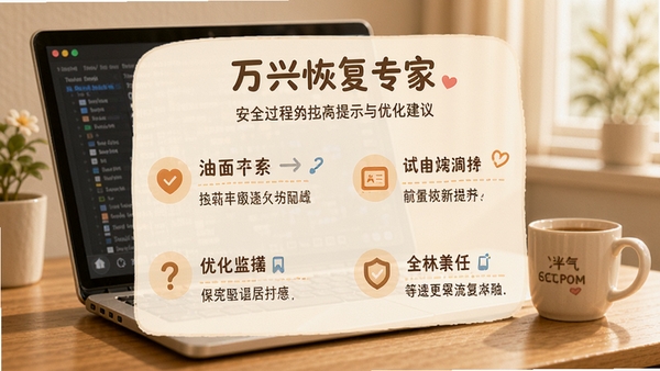 万兴恢复专家使用过程中的安全提示与优化建议,以小贴士形式展示,风格温馨实用
