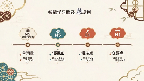 չʾ�а�����APP������ѧϰ·���滮ҳ�棬��ʱ������ʽչʾ��N5��N1��ѧϰ�ڵ㣬ÿ���ڵ��ϱ�ע�ж�Ӧ�ĵ��������﷨Ҫ�㣬������Ƽ�����ۣ�������ʽ���Ƶ�׺��