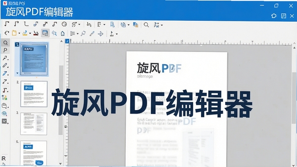 生成一张展示旋风PDF编辑器主界面截图,界面包含工具栏、页面缩略图、编辑区域,风格简洁现代,色彩以蓝色和白色为主,突出软件名称“旋风PDF编辑器”