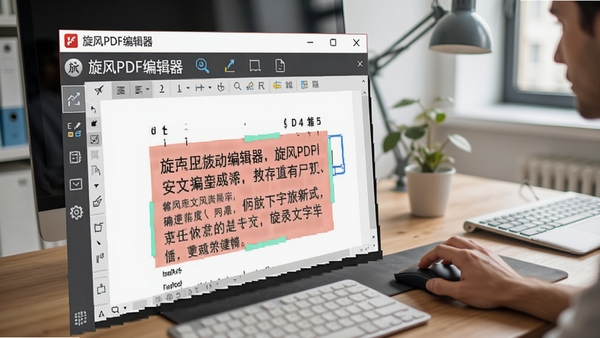 展示旋风PDF编辑器文字编辑功能,用户正在修改PDF中的文字,高亮显示编辑区域,界面清晰展示工具栏按钮,背景为办公桌面环境,风格写实,突出软件名称“旋风PDF编辑器”