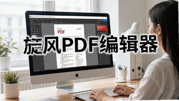 生成一张展示旋风PDF编辑器运行场景的图片,电脑屏幕显示软件界面,用户正在编辑PDF文档,桌面整洁,光线明亮,风格写实,突出软件名称“旋风PDF编辑器”