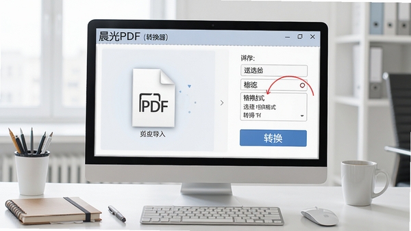 晨光PDF转换器PDF转Word操作步骤示意图,界面清晰展示文件导入、格式选择和转换按钮,背景为整洁办公桌面