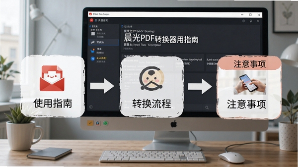 晨光PDF转换器使用指南图示,展示转换流程和注意事项,背景为电脑桌面和软件操作界面