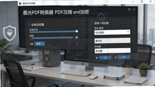 晨光PDF转换器PDF压缩和加密功能界面,展示压缩级别选择和密码设置区域,背景为安全办公场景