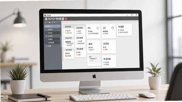 晨光PDF转换器界面预览图,展示软件主界面和功能列表,背景为现代办公桌,电脑屏幕显示软件界面,风格简洁明亮