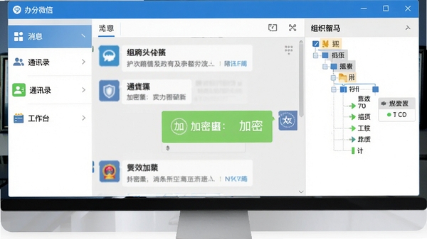 政务微信电脑版主界面截图,展示清新简洁的办公风格,左侧功能栏包含消息、通讯录、工作台,中间聊天窗口显示加密标识,右侧展示组织架构树,整体色调为蓝白搭配,体现专业与高效