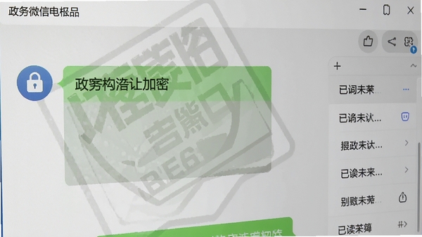 政务微信电脑版聊天界面特写,显示加密锁图标,对话气泡带有水印背景,右侧展示已读未读列表,界面风格庄重而现代,突出安全沟通氛围