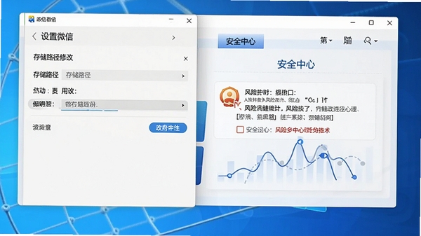 政务微信电脑版设置界面,展示存储路径修改选项,安全中心页面显示风险提示,背景为蓝色调,体现专业安全
