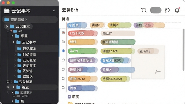 云记事本智能分类界面,左侧文件夹树状结构,右侧笔记标签彩色标记