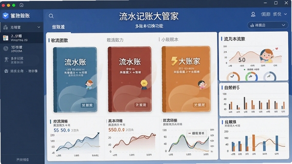 流水记账大管家软件多账本切换功能界面,展示不同账本封面和统计数据