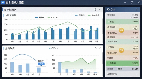 流水记账大管家软件界面截图,展示清晰的数据图表和分类账目
