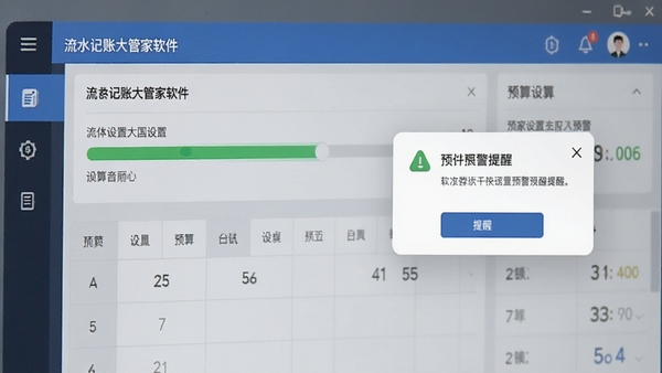 流水记账大管家软件预算设置和预警提醒界面,展示进度条和提醒弹窗