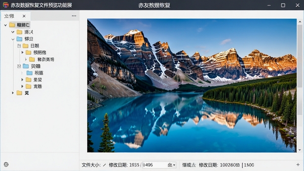 赤友数据恢复文件预览功能展示,左侧为文件夹树形目录,右侧大图为一张细节丰富的高清风景照片预览,底部为文件大小和修改日期信息栏,界面整洁,预览流畅,顶部有软件名称标识。