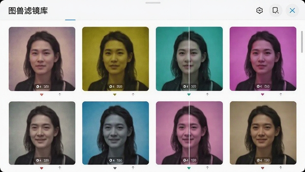 图叫兽滤镜库界面,展示多种滤镜缩略图,效果对比明显,色彩丰富,界面布局美观,高清展示
