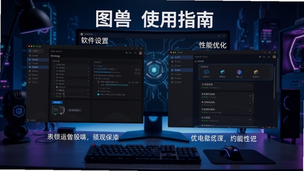 图叫兽使用指南配图,展示软件设置界面与性能优化选项,配有文字说明,科技感桌面背景
