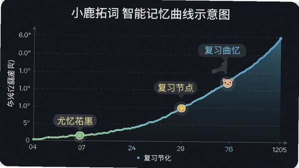 小鹿拓词智能记忆曲线示意图,展示单词记忆强度随时间变化的折线图,色彩清新,标注复习节点