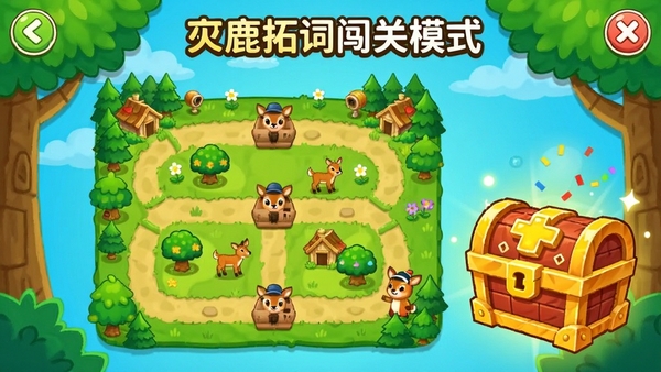 小鹿拓词闯关模式界面,显示关卡地图和奖励宝箱,卡通风格,色彩明亮活泼