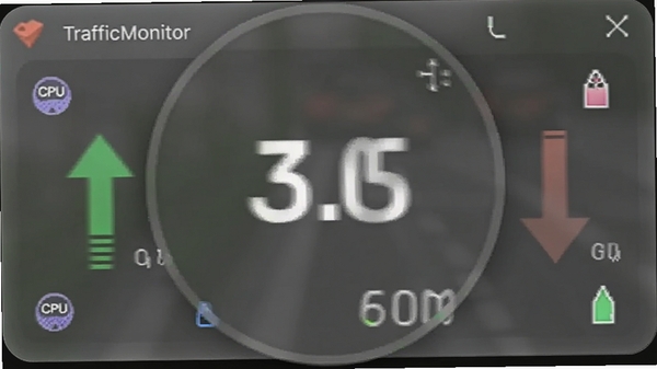 TrafficMonitor�������Ŵ�ͼ����ʾ�ϴ��������ٶȼ�ͷ������Ϊ��͸��ë����Ч�������������ɼ�����Χ��CPU���ڴ�ռ��Сͼ��