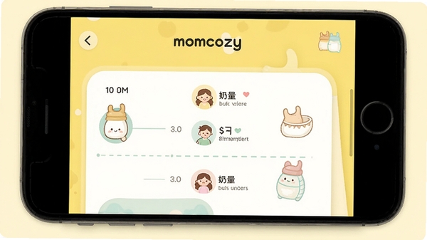 MomcozyӦ�ý����ͼ��չʾι����¼ҳ�棬����ʱ���ᡢ������ֵ�Ϳɰ���ͼ����ƣ�����Ϊ������ǳ��ɫ�����������ִ���