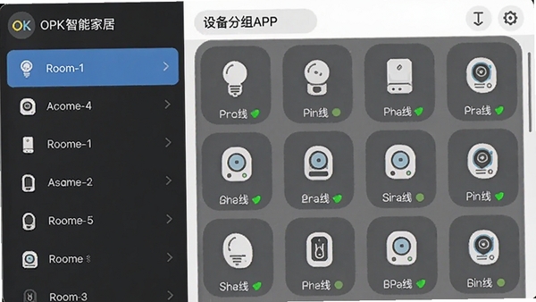 OPK���ܼҾ�APP�豸����������棬���Ϊ�����б����Ҳ���ʾ�÷����ڵ��豸ͼ�꼰����״̬