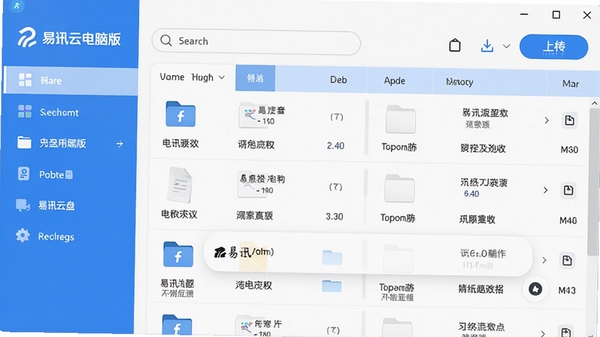易迅云盘电脑版主界面截图,展示清爽的蓝色系设计,左侧功能导航栏,右侧文件列表,顶部搜索框和上传按钮,整体风格现代简洁,高清渲染图