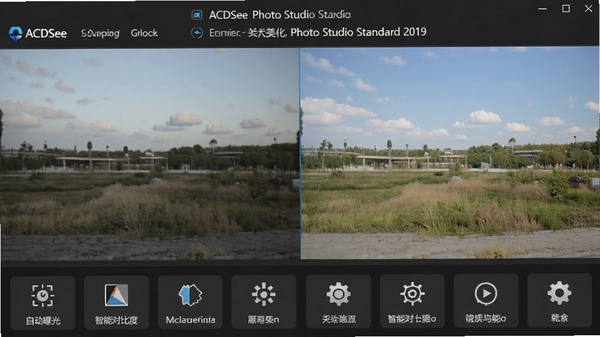 һ��չʾACDSee Photo Studio Standard 2019һ���������ܵĶԱ�ͼ����벿��Ϊԭͼ��ɫ��ƫ�ң��Ұ벿��Ϊ�������ͼƬ��ɫ�����ޡ��Աȶ��������·��ж�����ܰ�ťͼ�꣬�硰�Զ��ع⡱�������ܶԱȶȡ��ȣ�������ֱ��