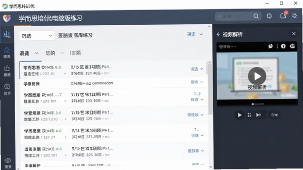 学而思培优电脑版题库练习界面,展示筛选条件和题目列表,右侧有视频解析入口,界面专业