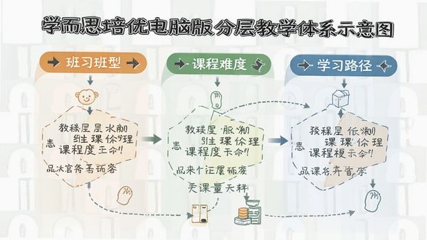 学而思培优电脑版分层教学体系示意图,展示不同班型对应课程难度与学习路径,图文并茂