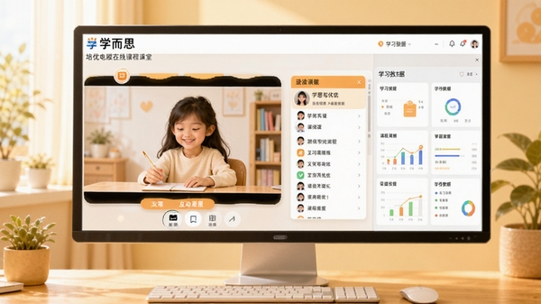 学而思培优电脑版在线课程学习界面,展示互动课堂、课程列表和学习数据看板,整体风格明亮温馨