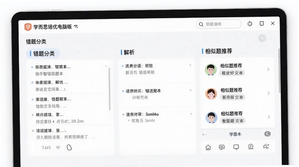 学而思培优电脑版智能错题本界面,展示错题分类、解析和相似题推荐,界面清晰简洁