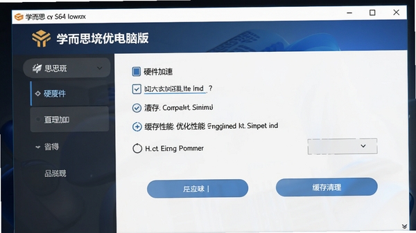 学而思培优电脑版设置界面,展示硬件加速选项和缓存清理按钮,提示优化性能