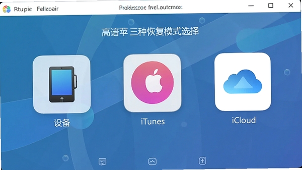 ��ƻ���ݻָ����ָֻ�ģʽѡ����棬�ֱ��Ӧ�豸��iTunes��iCloudͼ�꣬�����������ˣ�ɫ�ʴ����г�����ֶ๦����