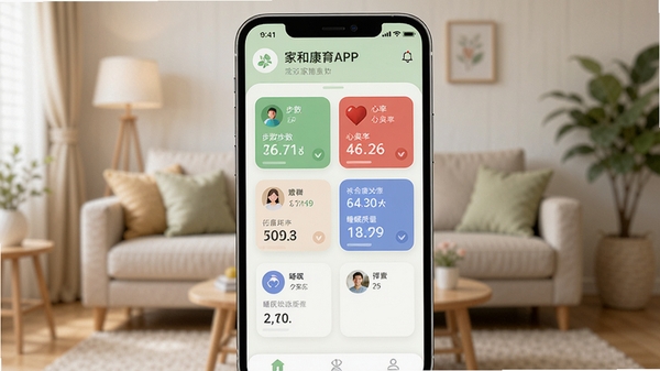 һ��չʾ�ҺͿ���APP���ֻ������е��������ͼ��������������Ȼ����ɫ��Ϊ����ɫ�Ͱ�ɫ����Ļ��������ʾ��ͥ��Ա�Ľ������ݿ��壬�������������ʡ�˯�������ȿ�Ƭʽģ�飬����Ϊ�黯����ܰ��ͥ�����������������������